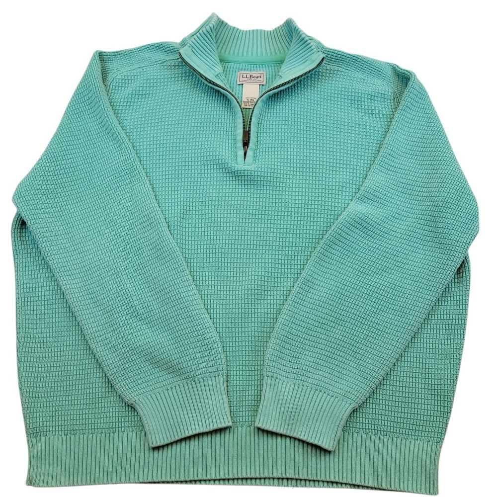 Mens LL Bean Sunwashed Waffle Knit Textured Cotton 1/4 Zip Sweater  Green